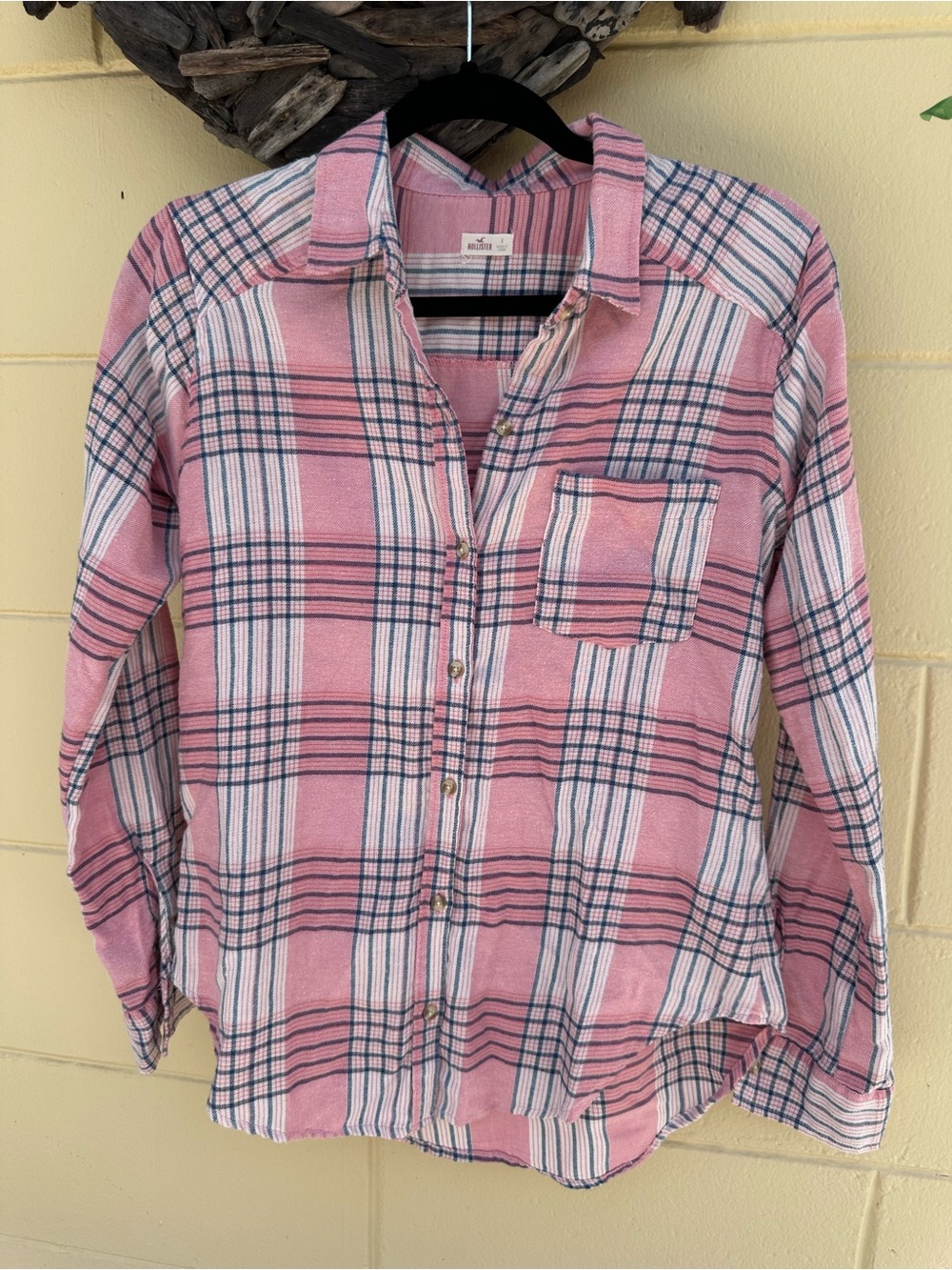 Hollister Pink and Navy Plaid Button-Up Shirt